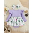 thumbnail image 5 of Blotona Infant Baby Girls Romper Dress Floral Print Knitted Ribbed Patchwork Round Neck Long Fly Sleeve Skirt Hem Jumpsuits with Headband, 5 of 8