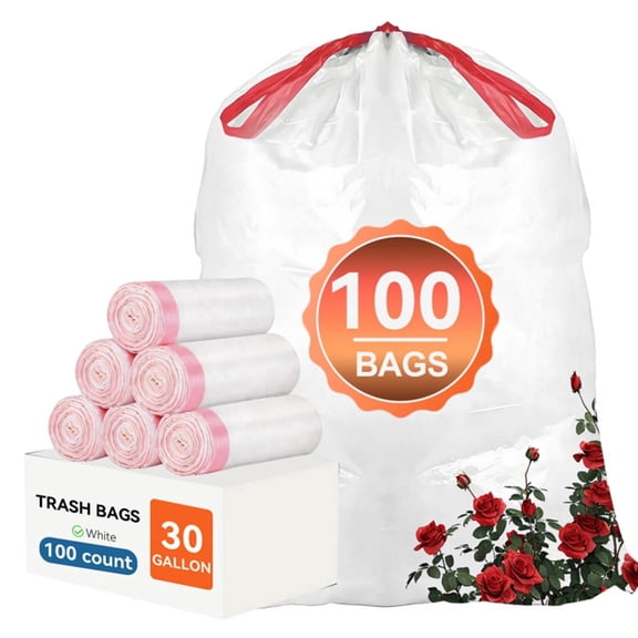 30 Gallon Trash Bags (100Count) ,30-33 Gallon Drawstring Garbage Bags ,Garbage Can Liners with Floral Scent