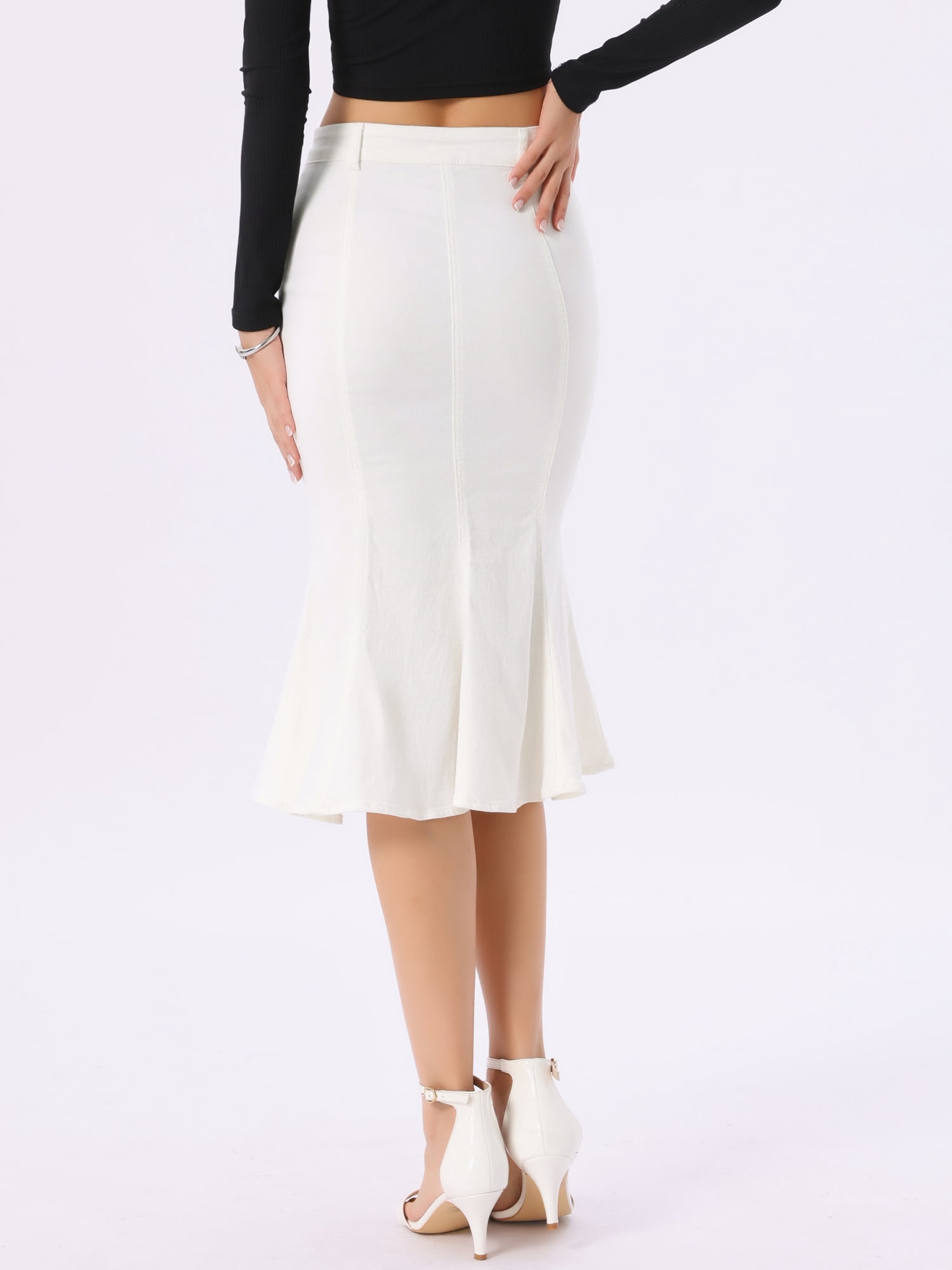 DARING DIVA Women's Soft Elegant Washed Fishtail Casual Midi Denim Skirt L White