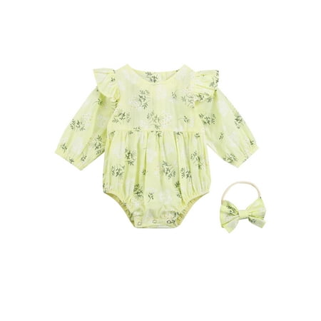 

0-24M Baby Girl Floral Print Clothes Set Long Sleeve O-neck Romper with Ruffles+ Bow-knot Headband