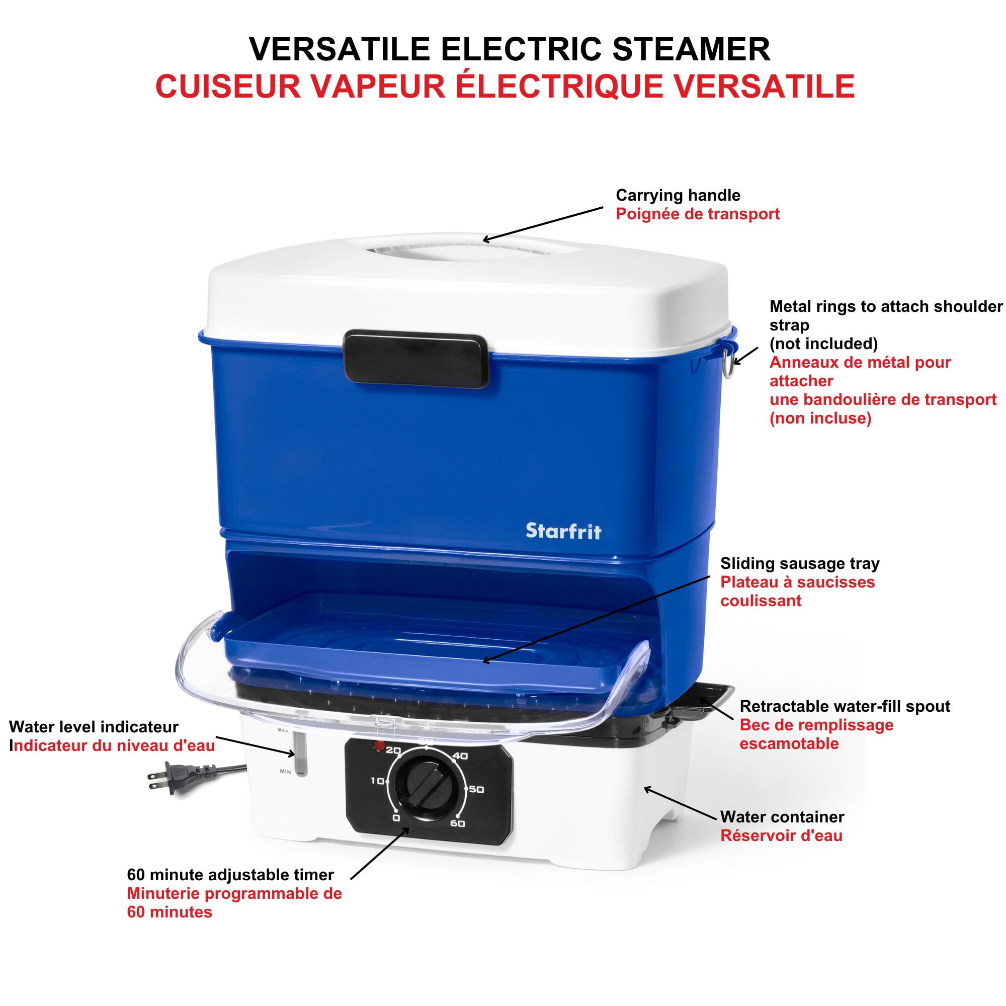 Starfrit Electric Hot Dog Steamer, Steams up to 12 Hot-Dogs, Nestable Components for Easy Storage, Special Edition Blue