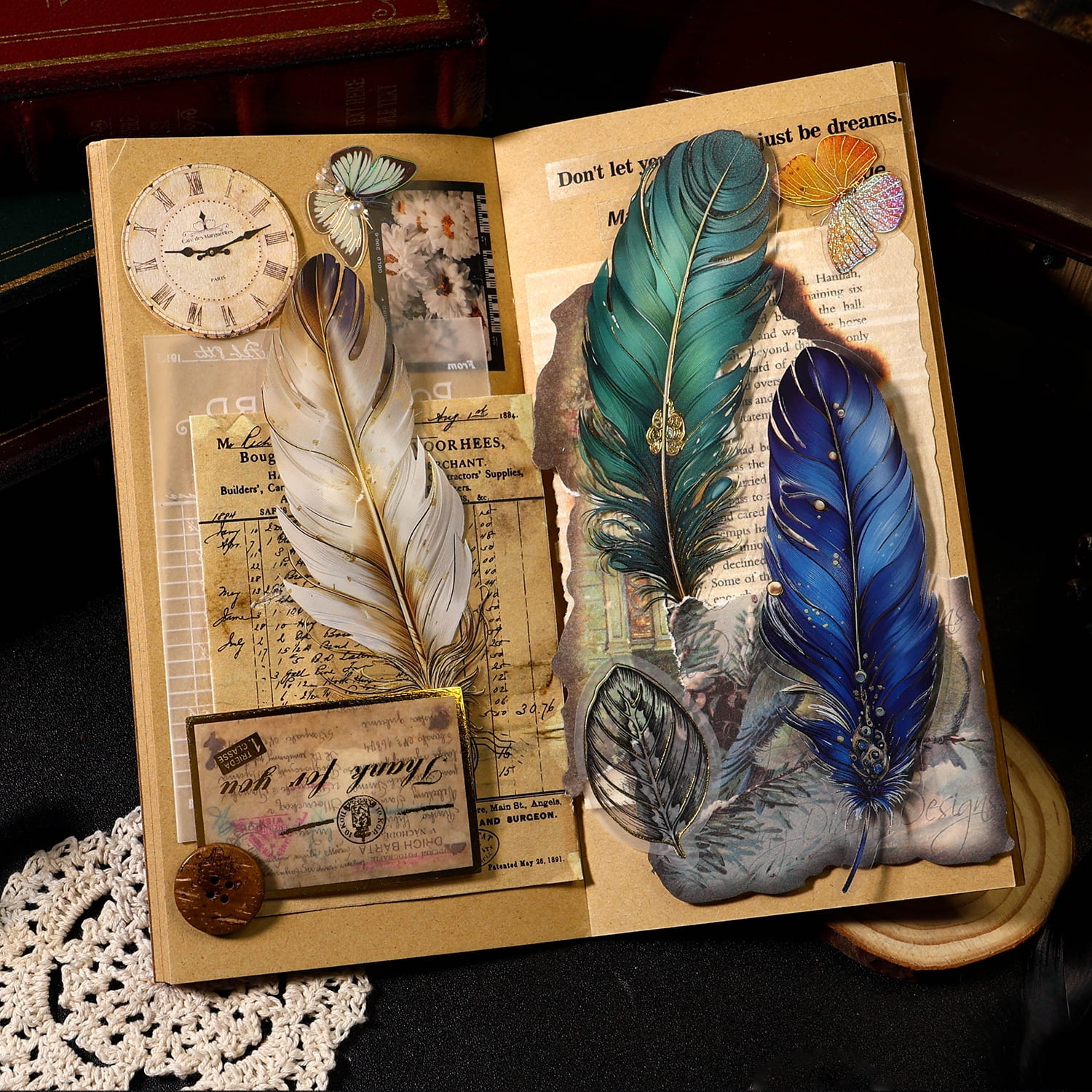 "Ancient Forest" PET Gold Foil Stickers - Angel Feather Series, 5 Sheets of Vintage Feather Journaling and Collage Material