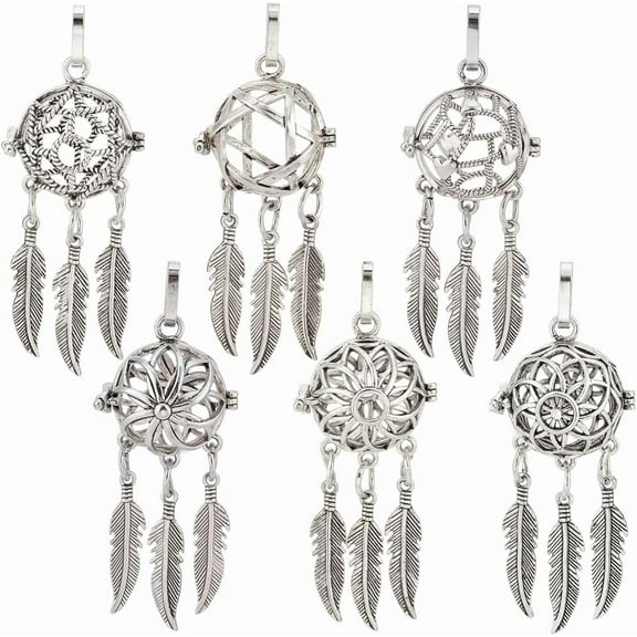 6Pcs Pearl Cage Charm Stone Holder Pendant Dreamcatcher Bead Cage Charms Necklace Holder Silver Brass Locket Charms for Jewelry Making Charms Women DIY Necklaces Crafts