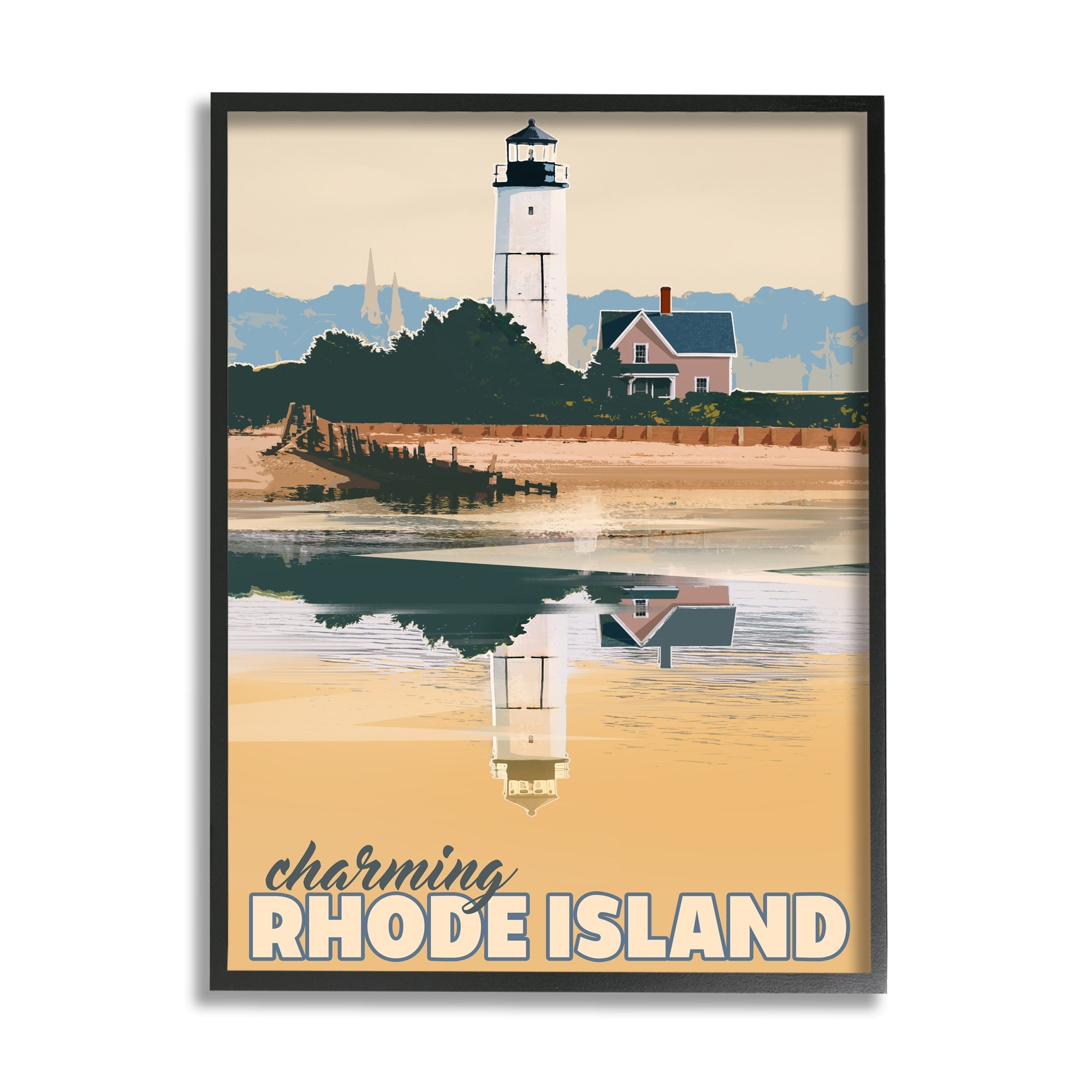 Stupell Industries Travel Charming Rhode Island Seaside Lighthouse Beacon Graphic Art Gray Framed Art Print Wall Art, Design by David Owens Illustration