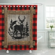 Libin Cool Deer on Red Black Buffalo Check Plaid Vintage Shower Curtain 60x72 inch