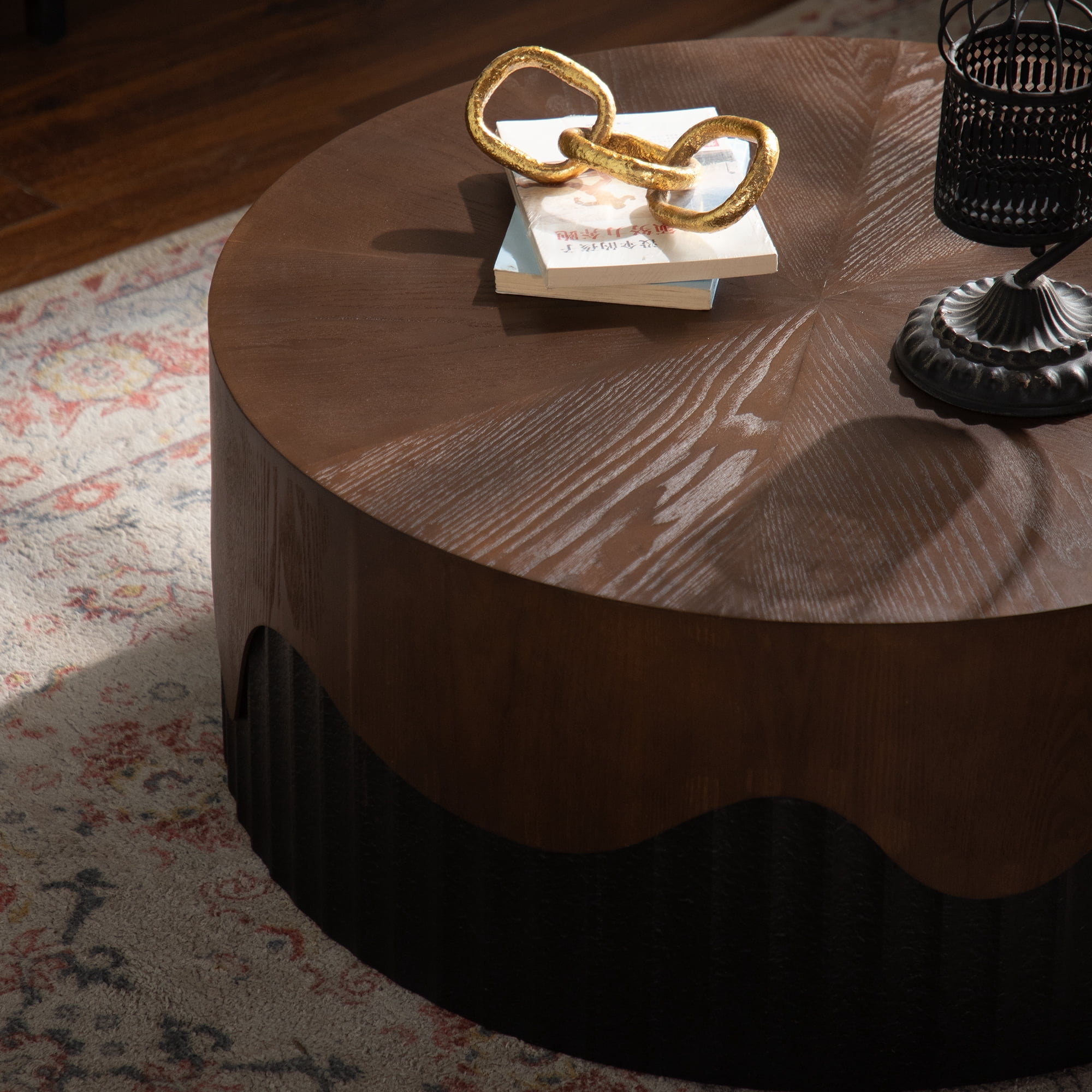 Leumius 30.31" Round Coffee Table Handcrafted Relief Sturdy Pedestal Wooden Tea Table for Living Room No Need Assembly Walnut