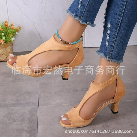 

In Stock Fashionable Back Zipper Bag Heel Peep Toe Shoes for Women 2024 Summer New Foreign Trade plus Size Side Empty Stiletto Heel Roman Sandals