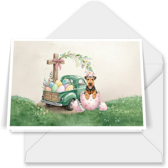 Easter Egg Airedale Terrier Bunny Ear Welcome Spring Truck 7x5in Folded Greeting Card Dale Waterside Dog Lover Single Note Card with Envelope - 12002
