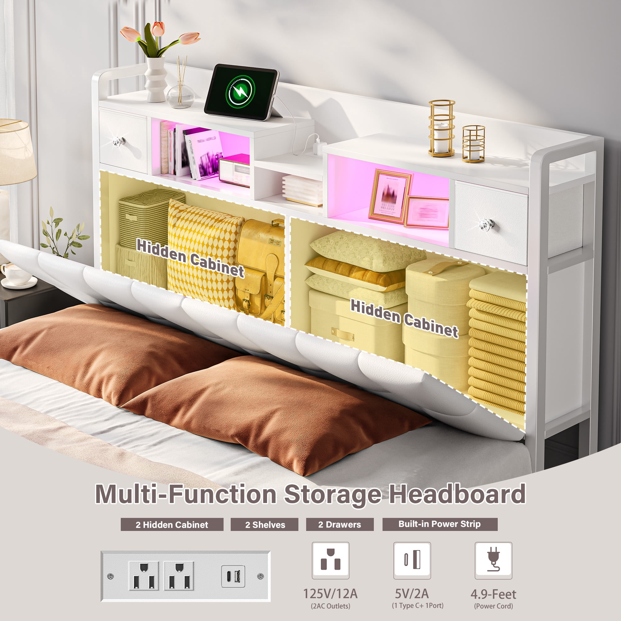 EnHomee Full Size Bed Frame with Headboard Bed Frame with Hidden Storage Compartment Upholstered Bed Frame with 2 Drawers & Outlets,White