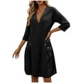 thumbnail image 3 of TaTaai Women's V-Neck Midi Dress Three-Quarter Sleeve Linen Feel Solid Color Casual Pocket Detail Loose Fit Summer Dress Gift, 3 of 7