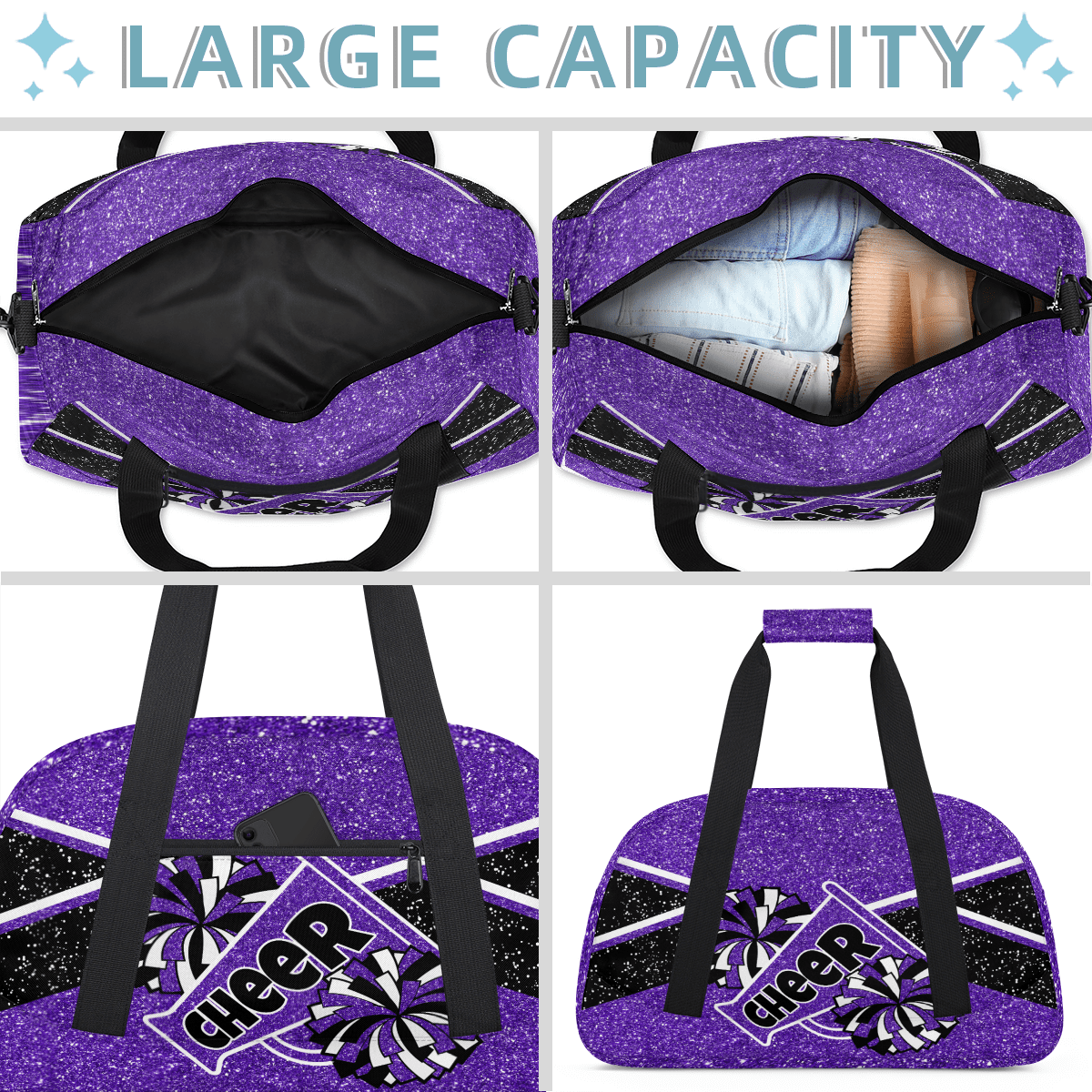 Herdesigns Cheer Bag Sports Duffle Bags Cheerleader Purple Gym Bag Weekender Travel Bag Waterproof Overnight Bag Carry On Travel Tote Bag Dance Bags