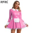 thumbnail image 2 of Vestido de charol para mujer, dulce disfraz de sirvienta Lolita, delantal de satén de manga larga, enagua de tul, vestido acampanado, ropa para discoteca de Halloween, 2 of 5