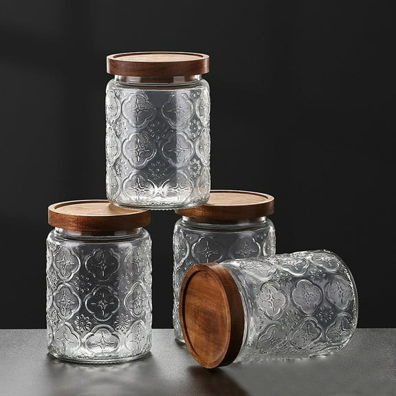 Vintage Glass Airtight Storage Jar, With Airtight Wood Lid, Kitchen Food Storage Containers,Suitable for storage Tea leaves,Coffee Beans,dried fruits, cereals, etc(Plum pattern)