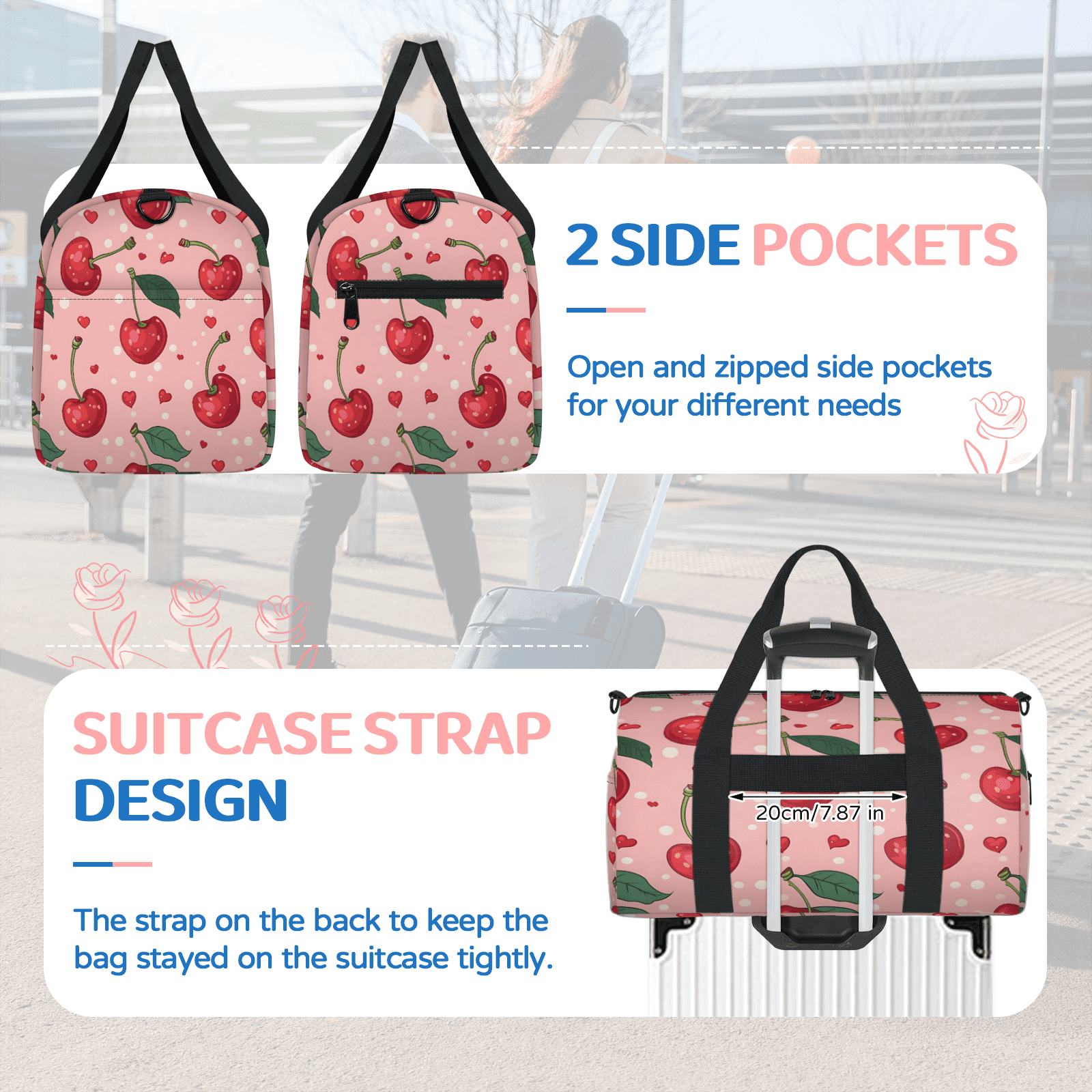 Herdesigns Cherry Travel Duffle Bag Sports Yoga Weekender Overnight Carry on Workout Bags Lightweight Waterproof Gym Tote Bag for Women