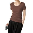 thumbnail image 2 of Gibobby Playera de Verano para Mujer Camiseta manga corta sólida con cuello redondo y ajuste holgado informal verano para mujer(Café,CH), 2 of 3