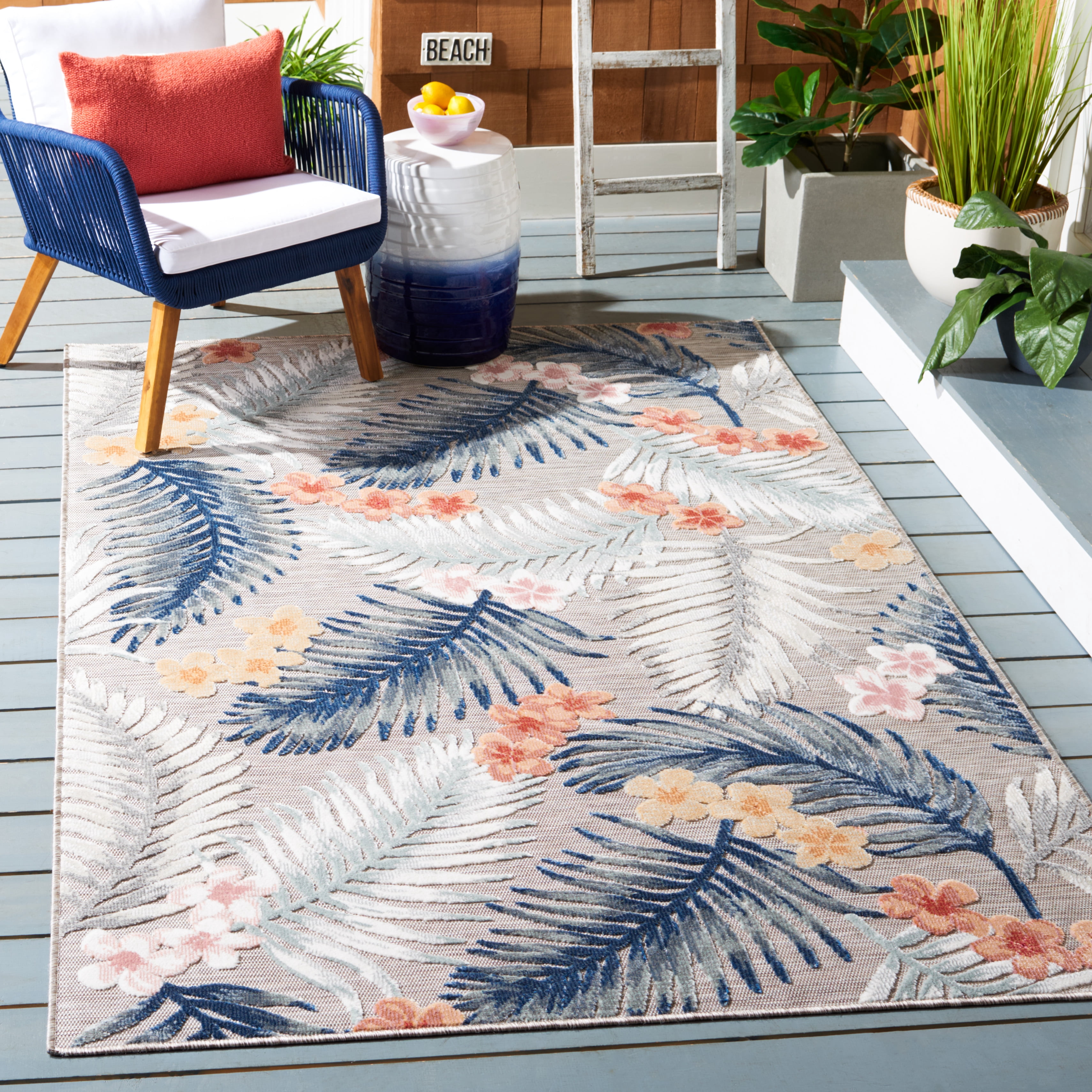 SAFAVIEH Cabana Kade Botanical Indoor/Outdoor Area Rug, Grey/Navy, 6'5" x 9'6"