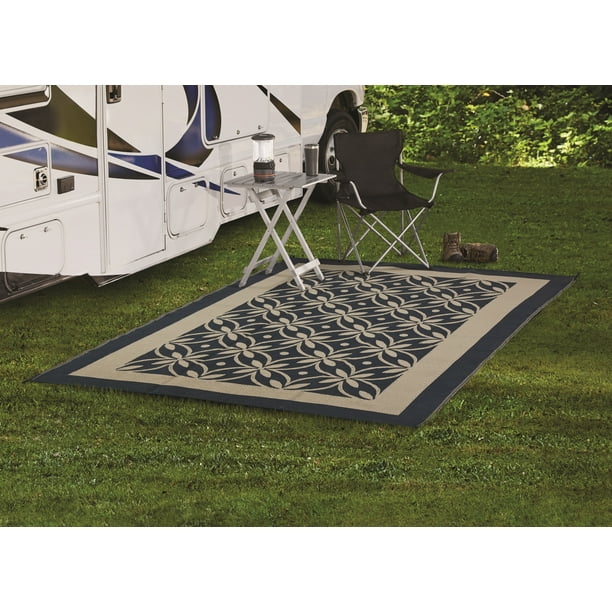 Auto Drive Blue / Tan Flower Design 9x12ft Reversible RV Patio Mat
