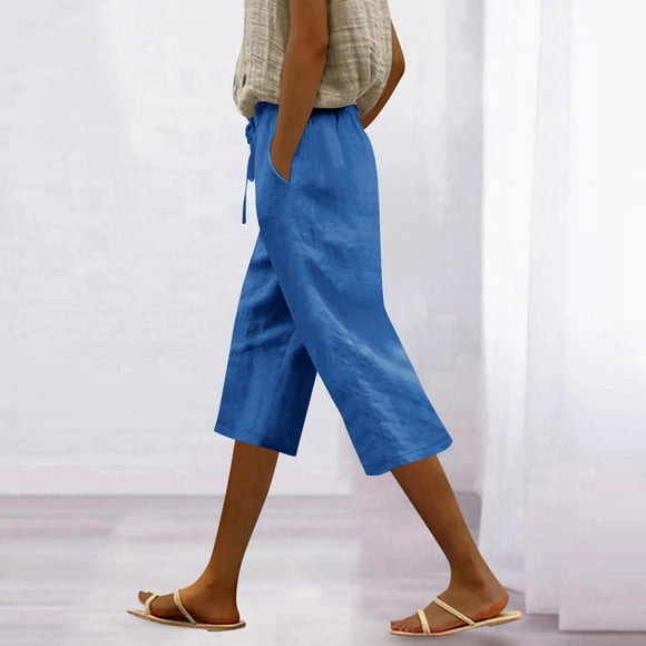 Weiqiqre Capri Pants for Women Cotton Linen Drawstring Elastic Waist Loose Wide Leg Cropped Pants with Pockets