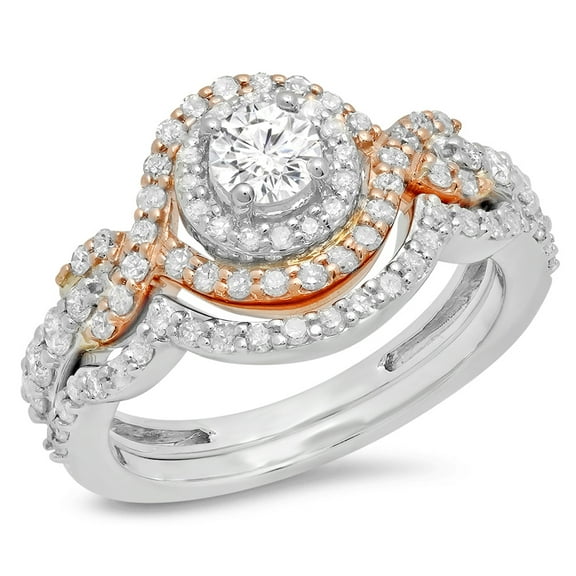 1.10 Carat (ctw) 14K White & Rose Gold Two Tone White Diamond Ladies Halo Bridal Engagement Ring Set