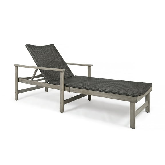 Martina Outdoor Rustic Acacia Wood Chaise Lounge, Light Gray and Mixed Black