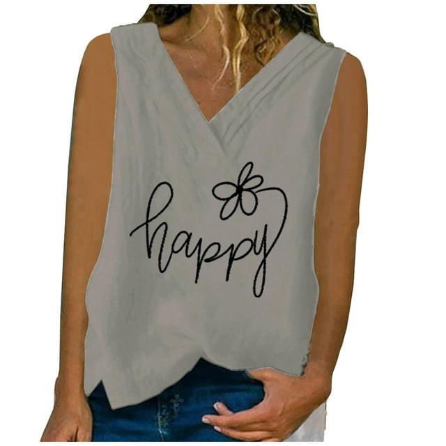WEAIXIMIUNG Custom T Shirts Front and Back Womens Summer Loose Sleeveless V Neck Linen Solid Color Shirt Tank Top