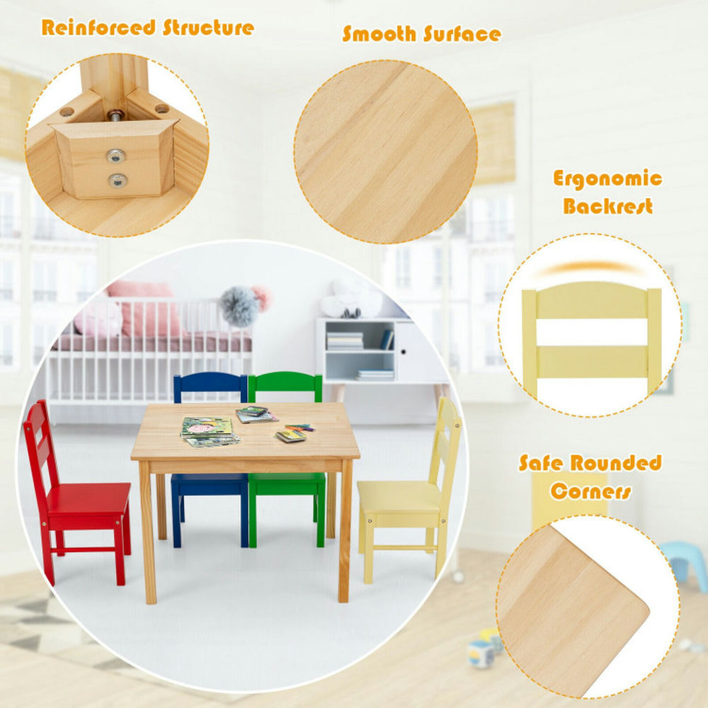 Barara King Toddler Table Chairs Set,Kids Play Table Set,5 pcs Kids Pine Wood Multicolor Table Chair Set