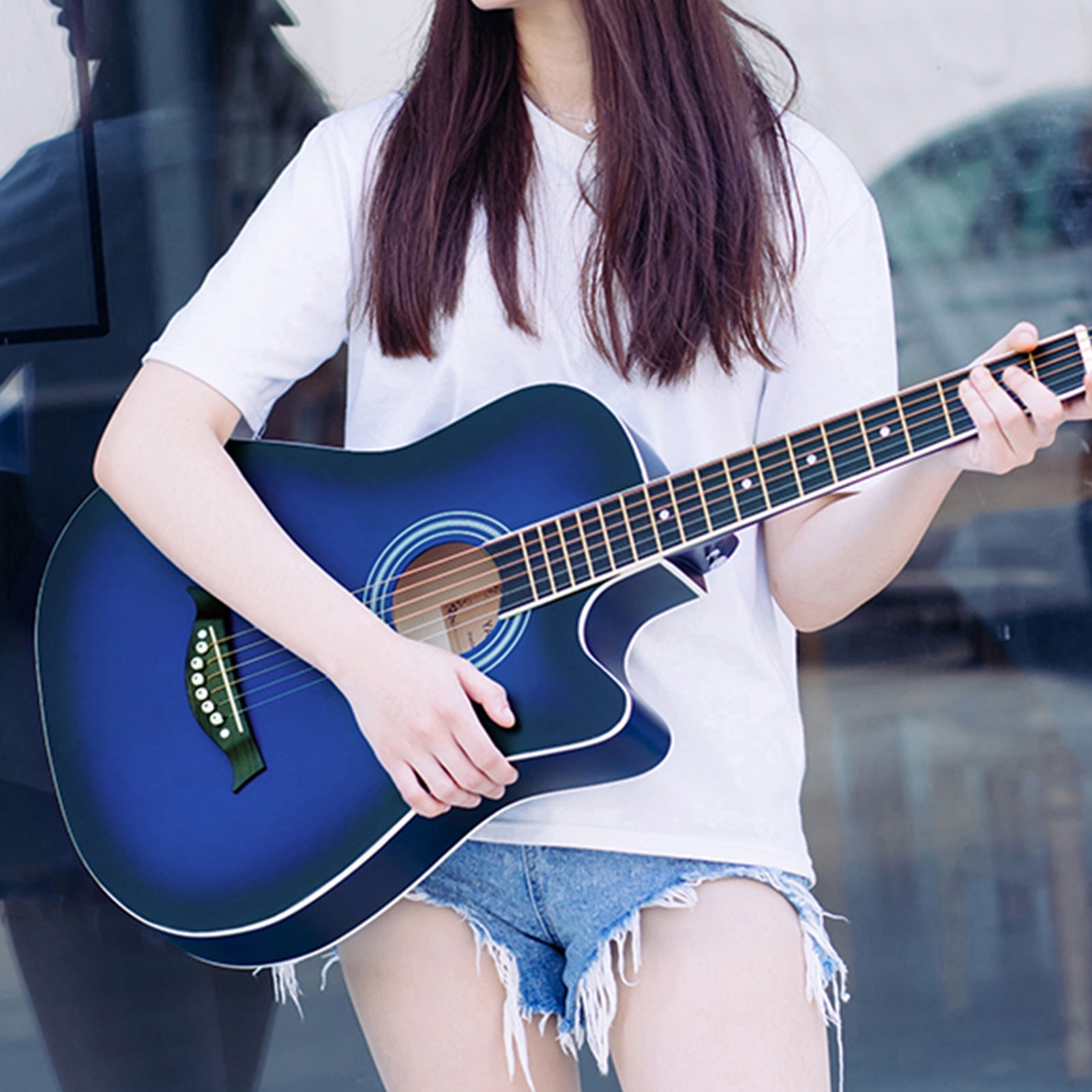 38" Beginner Folk Acoustic Guitar, Full Size Adult 6 Strings Cutaway Guitar for Adult Students (Blue)