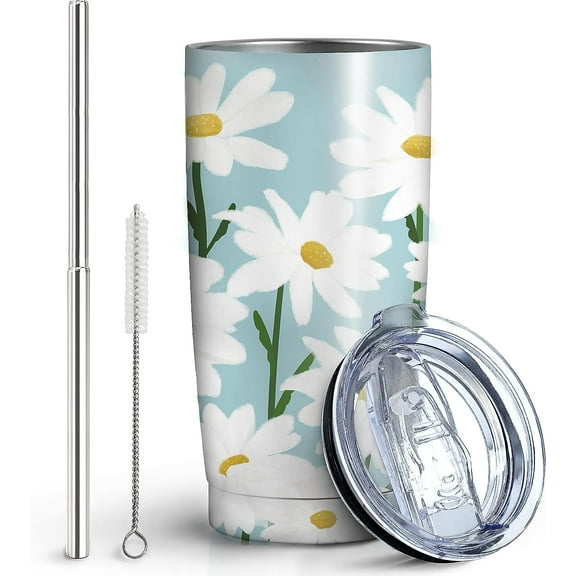 Daisy Tumbler with Lid and Straw 20 oz Travel Daisy Print Cup Stainless Steel Vacuum Insulated Coffee Mug Daisy Lovers Gifts for Women and Men
