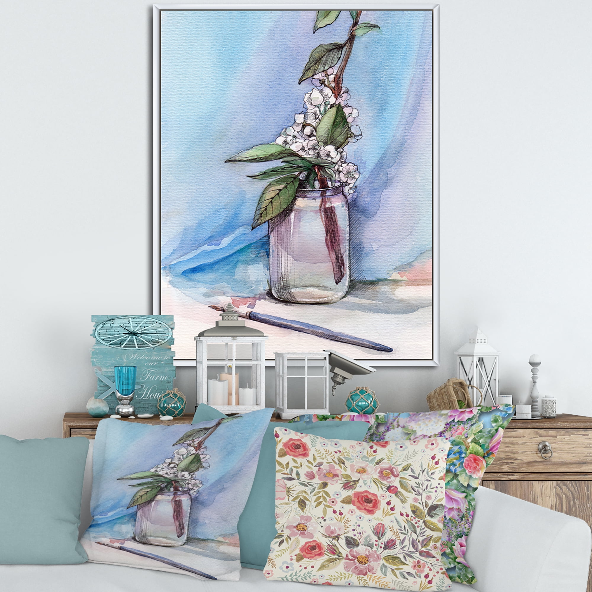 Designart 'Cherry Blossom Flowers In Glass Jar' Farmhouse Framed Canvas Wall Art Print