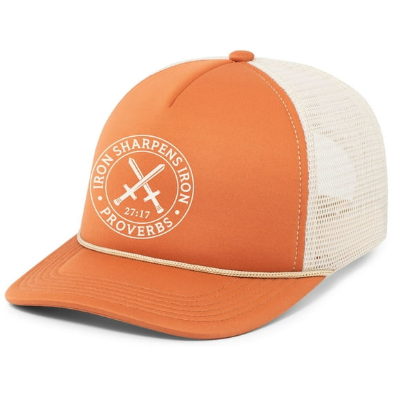 Mens Christian Iron Sharpens Iron Embroidered Rope Hat Foam Front Mesh Back Trucker Hat, Rust/Khaki/Rust