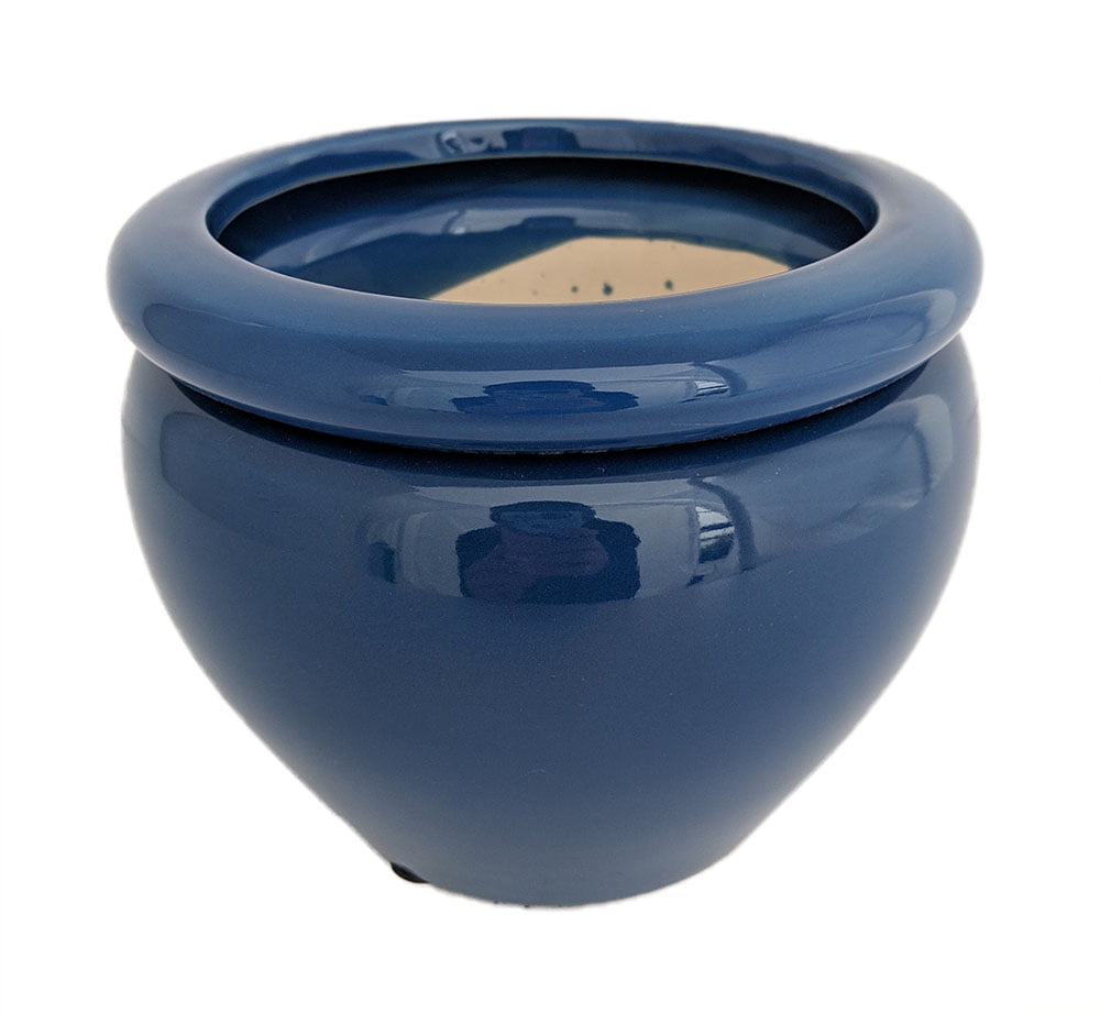 Round Self Watering Glazed Ceramic Pot Blue 6 1/4 x 4 3/4