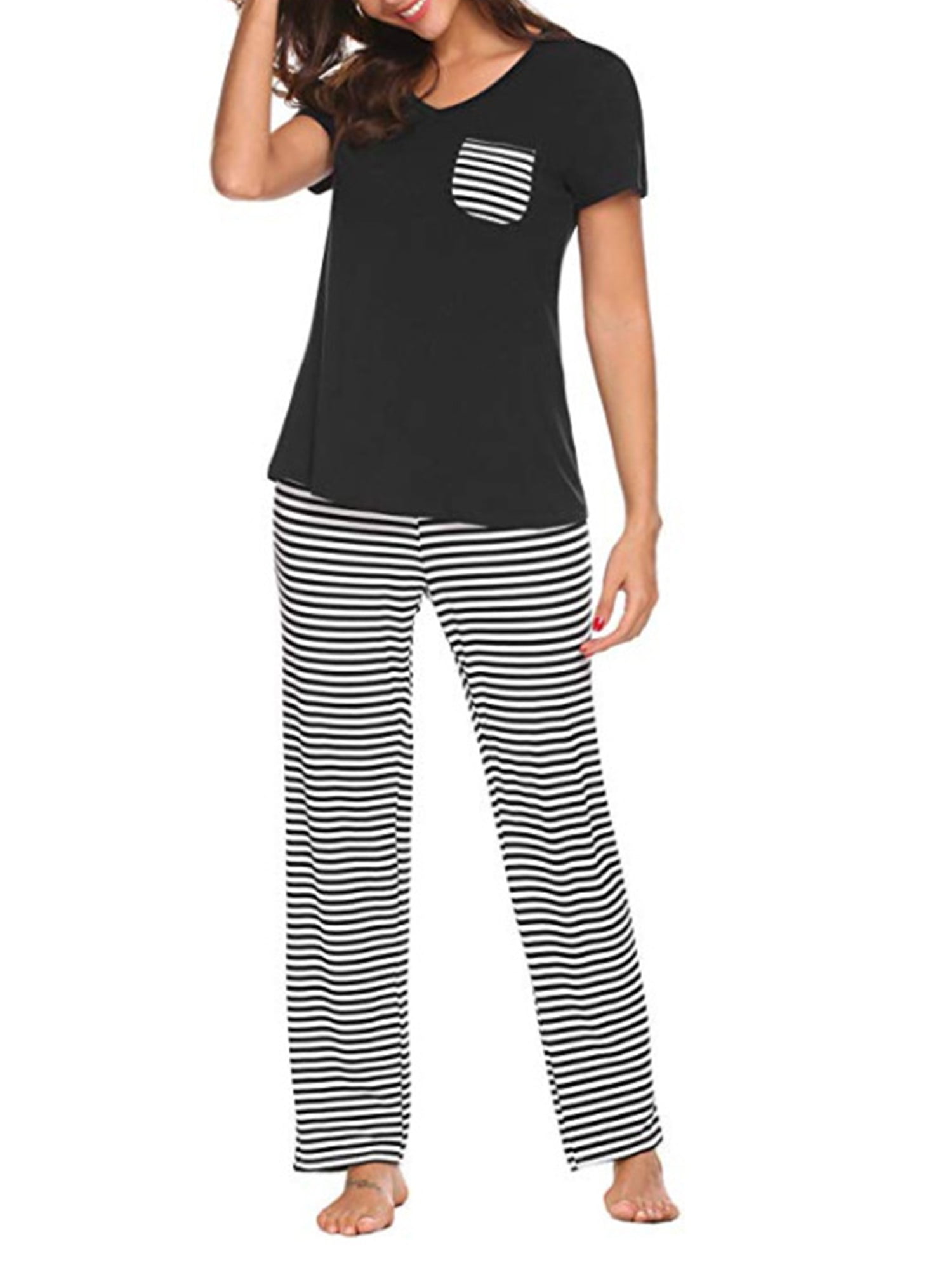 Ladies Striped Pyjamas Set Womens 100% Cotton Long Sleeved Floral Top PJ Bottoms 
