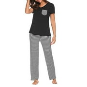 2Pcs Short Sleeve Sleepwear Set for Women Loose Stripe Pjs Sets Ladies T Shirts + Pants Nightwear Outfit V Neck Pocket Tops Trousers Suit