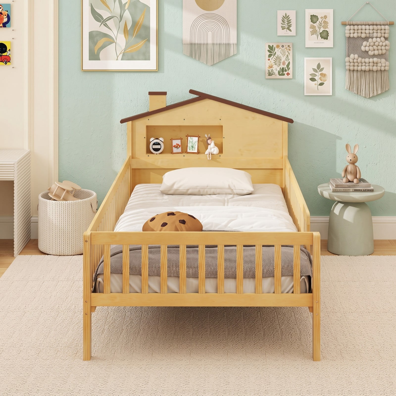 Furnibear Full Size Bed Frame Kids Montessori Floor Bed with House Headboard, Storage Shelf and Full-Length Guardrails, Natural