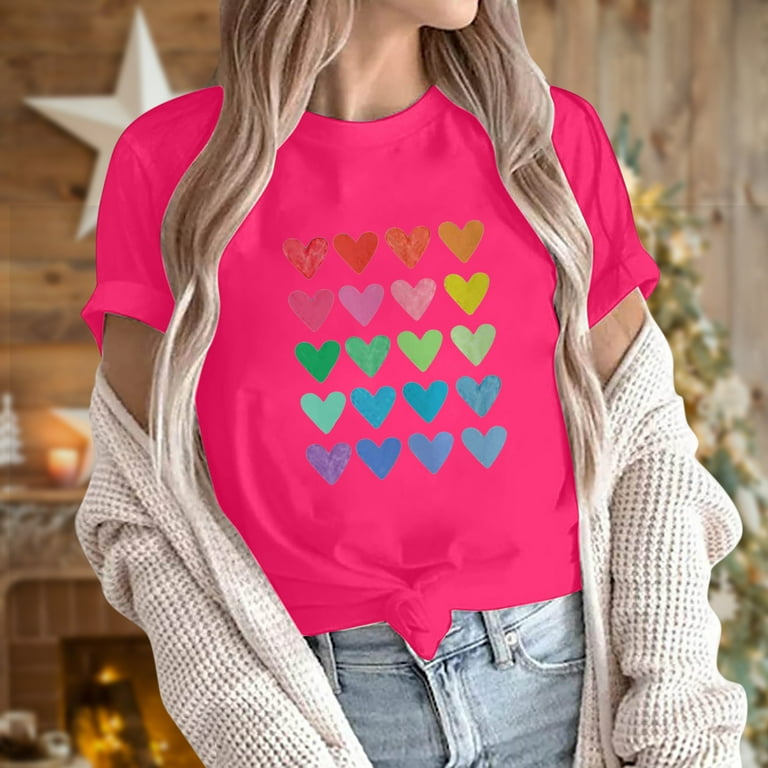 ZQGJB Love Heart Pattern T-Shirts for Women Casual Short Sleeve Trendy  Cotton Cozy Blouse Loose Fit Basic Summer Tops Crewneck Tees(Hot Pink,XXL)