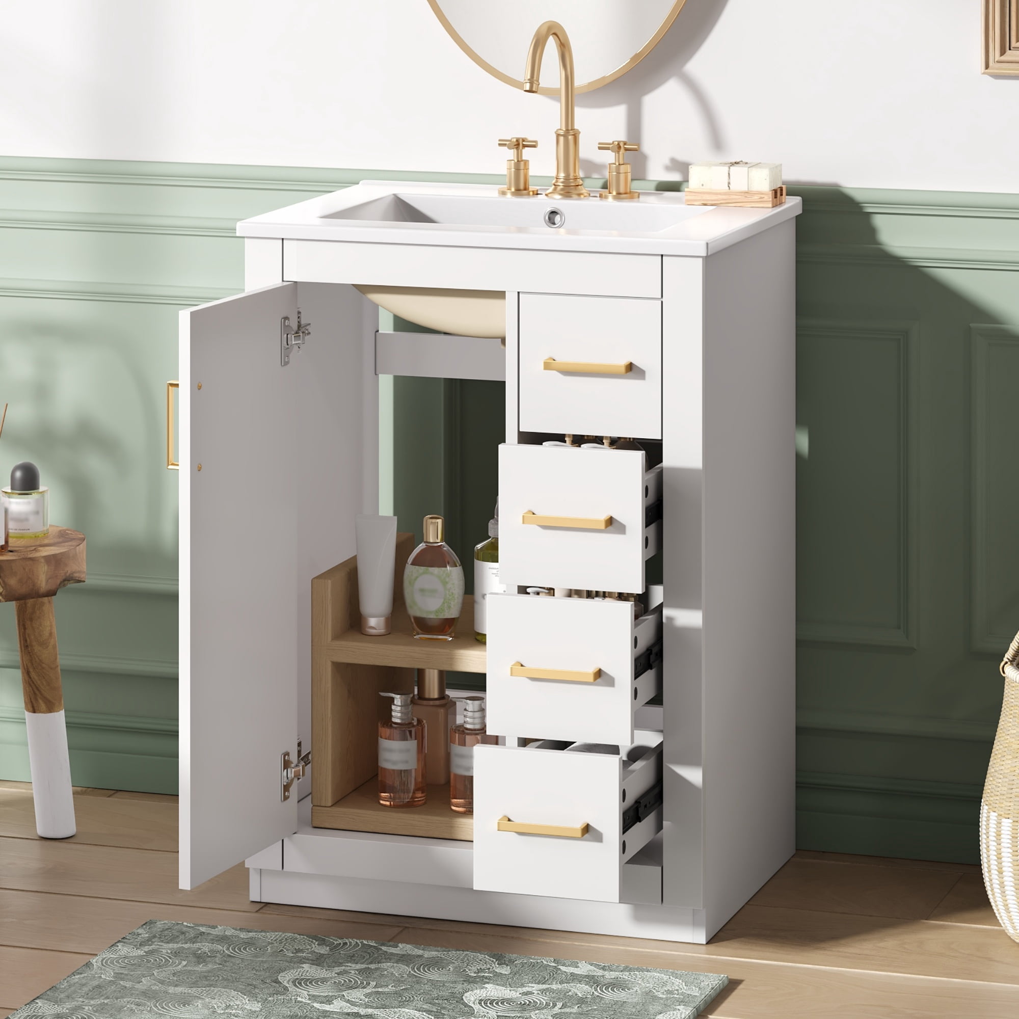 Euroco 24" Bathroom Vanity with Integrated Ceramic Sink, Bathroom Cabinet with 1 Door, 3 Drawers, Single Sink Bathroom Vanity for Small and Medium Restroom, White