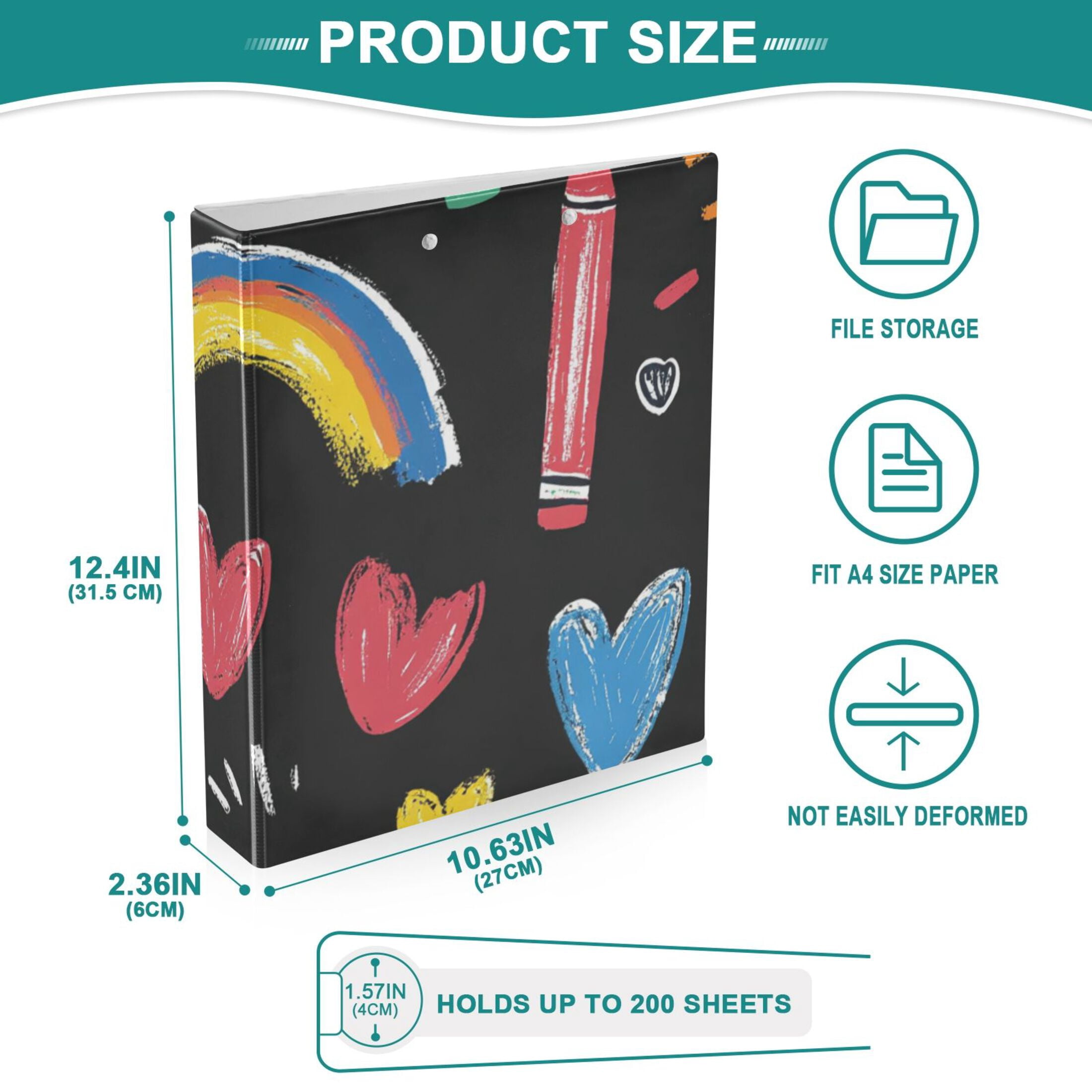 Crayons and Rainbows Hearts 3 Ring Binders 1.5 inch Hardcover File Folders with Interior Pockets A4 Size Organizer for School Office Hospital