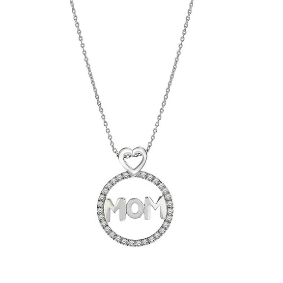 JeenMata Round Frame Mom Moissanite Pendant Necklace in 18K White Gold over Silver