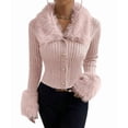 thumbnail image 2 of Women'S Sweaters Faux Fur Button Down Long Sleeve Fuzzy Rib Knit Cardigan Sweater Pink S, 2 of 10