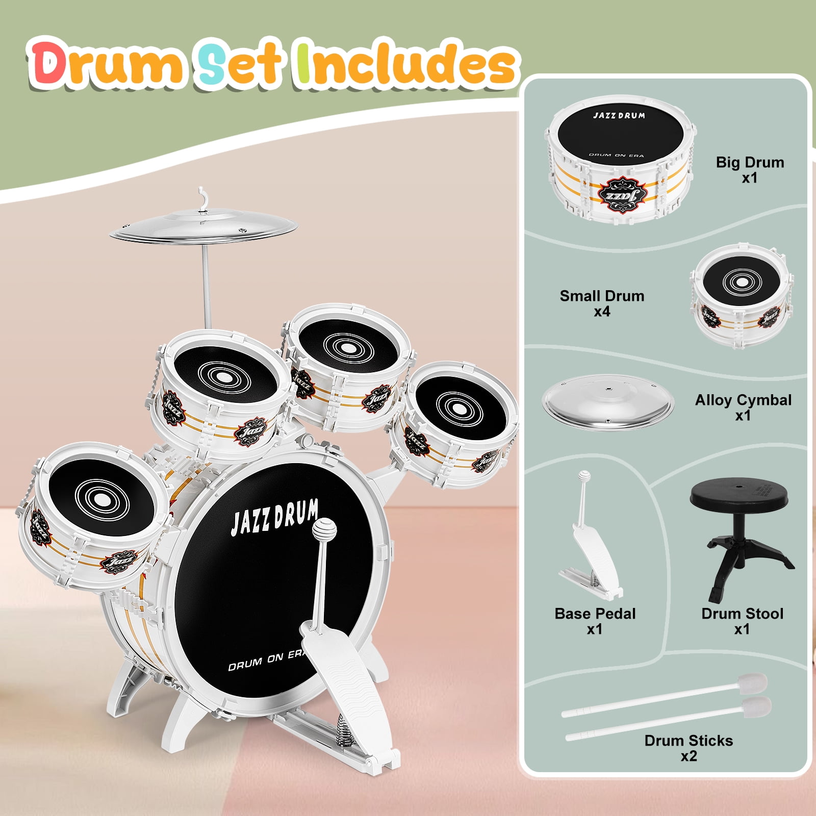 Musical Toy Drums Set for Kids / Toddlers - 5 Drums Musical Instruments Christmas / Birthday Toys for 3 4 5 Year Old Kids Girls Boys