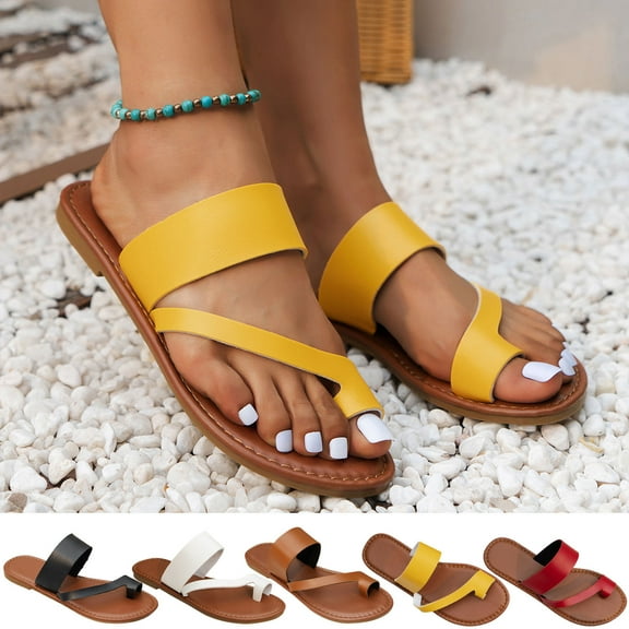 Cethrio Womens Summer Comfort Flats Sandals- 2025 Flat Slides Sandal Flip Flops Clip-Toe Wide Width Yellow Dressy Sandals/ Slides Size 7