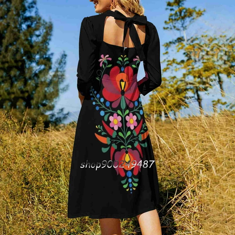 Traditional Style Hungarian Flowers Design Flare Dress Square Neck