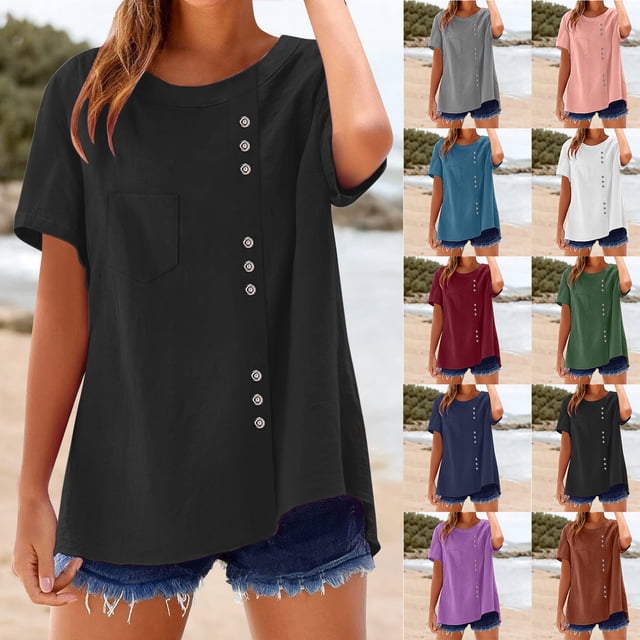 Blusa de trabajo,Blusa de algodón para mujer, jersey de manga corta con cuello en V, top informal con botones en el bajo, ideal para el hogar y el uso diario, sopatenor