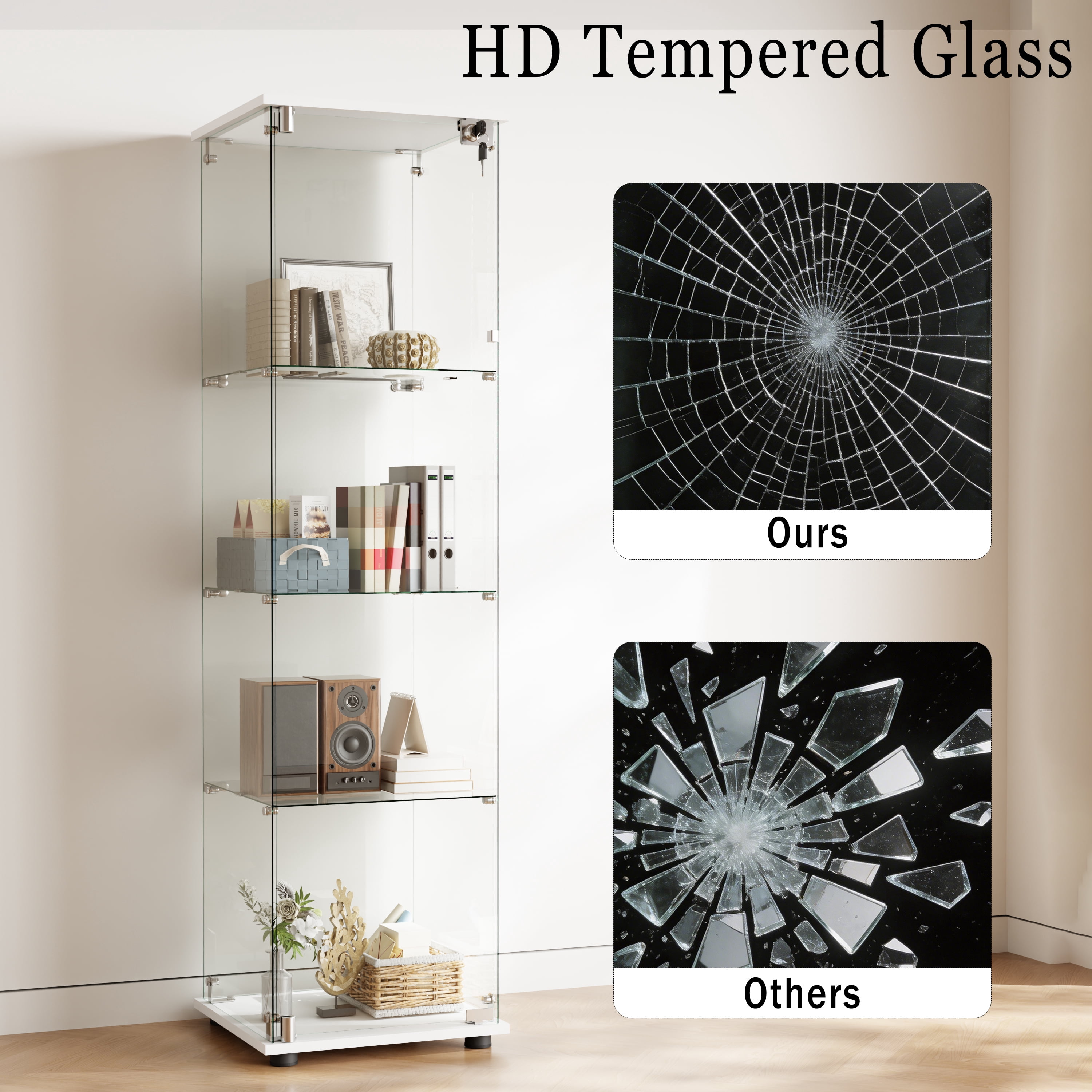 BEAUTYPEAK 64" Display Cabinet with Glass Doors,4-Tier Single-Door Curio Cases with White Panels