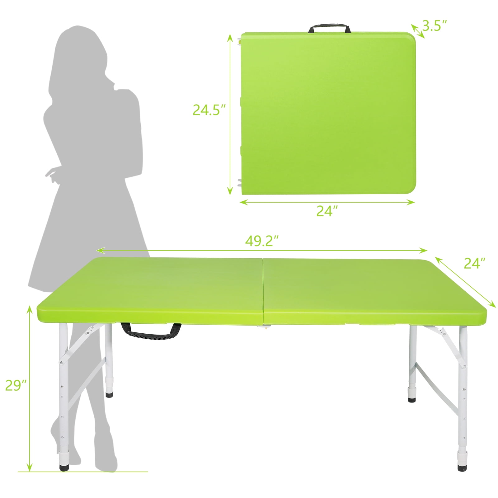 4ft Green Portable Folding Table, Indoor Outdoor HDPE Foldable Table with 25mm Powder Coated Steel Legs, Triangular Support Frame, 135KG Max Load for Camping BBQ Party Events