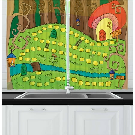 Kid's Activity Curtains 2 Panels Set, Board Game Style Design of Pathway to the Mushroom House in a Magical Forest, Window Drapes for Living Room Bedroom, 55W X 39L Inches, Multicolor, by