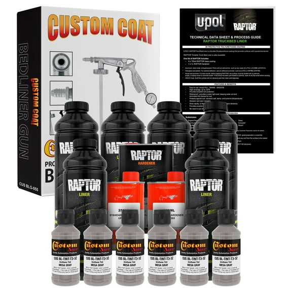 U-POL Raptor Mesa Gray Urethane Spray-On Truck Bed Liner Kit w/ FREE Custom Coat Spray Gun with Regulator, 6 Liters