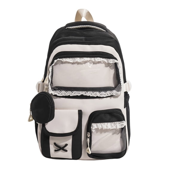 Cute Backpack for Kids Kawaii School Bag Laptop Bookbags Preppy Aesthetic Backpack with Clear Window Pocket and Lace Trim Detail