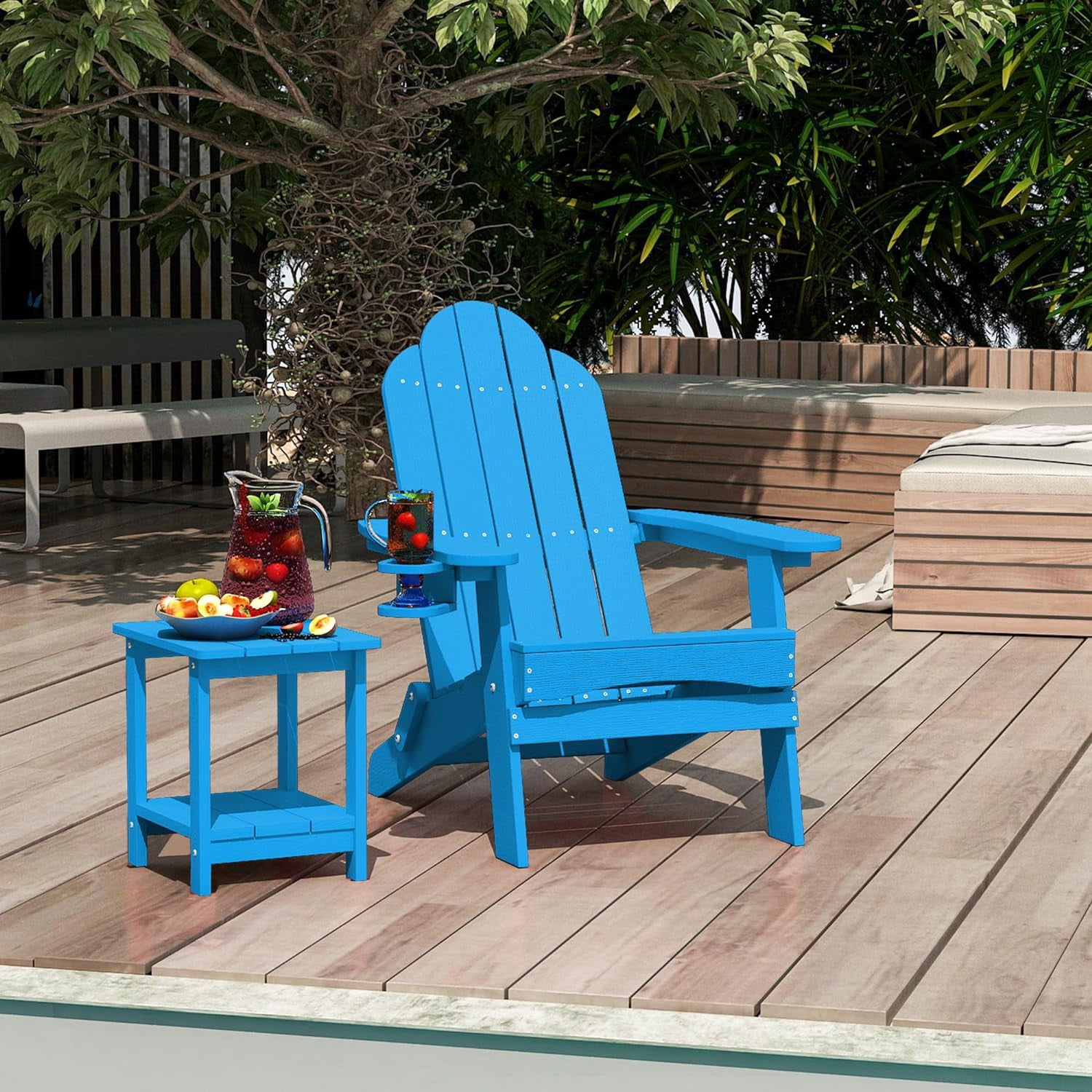 Dycanpo Folding Adirondack Chairs Set of 2,Fire Pit Patio Garden Chair with Cup Holder,Bright Blue