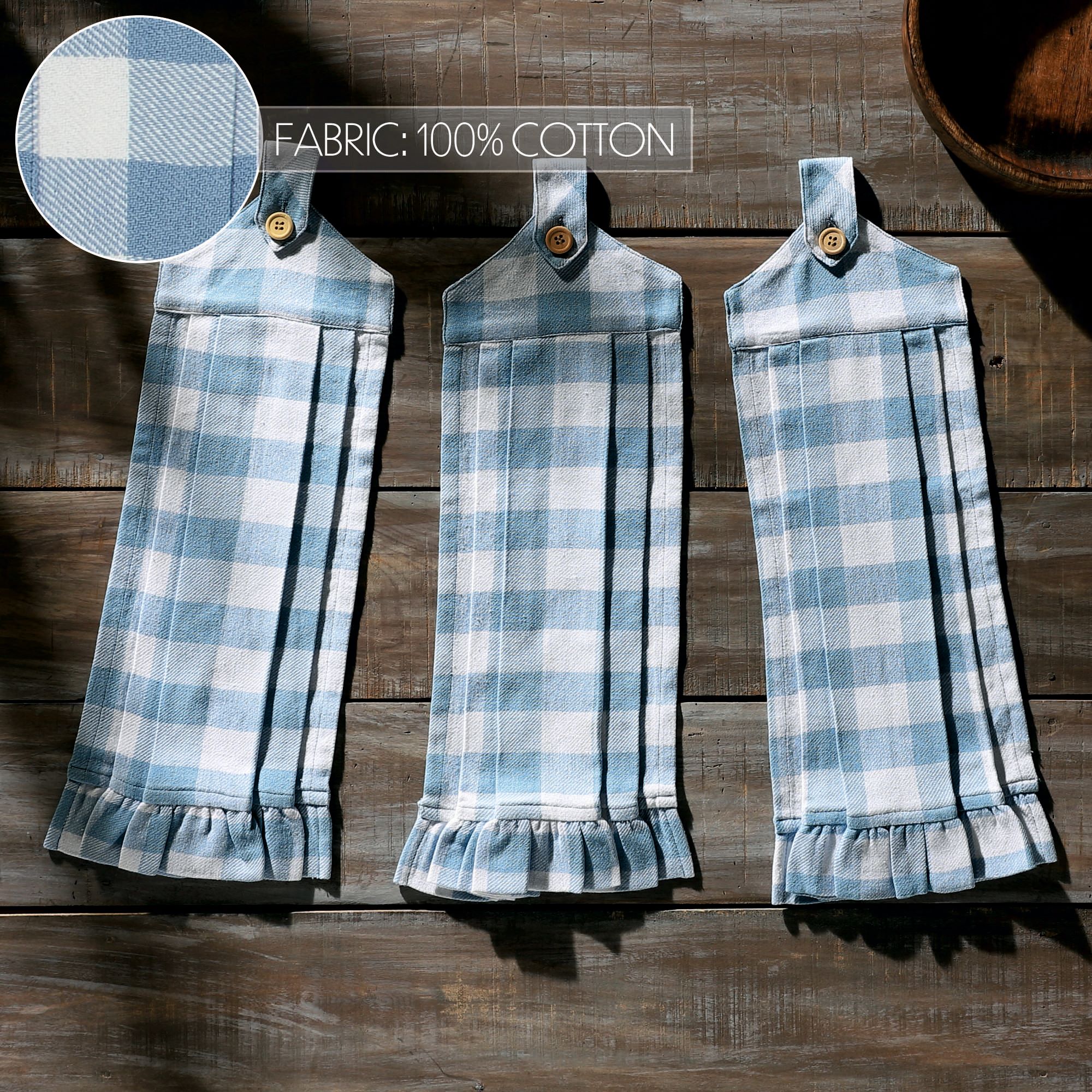 VHC Brands Cotton Annie Buffalo Check Blue Button Loop Kitchen Towel Set of 3, Hanging Kitchen Towel, Pleated, Bath, Kitchen, Annie Buffalo Check Collection, Rectangle 21x7, Dusk Blue